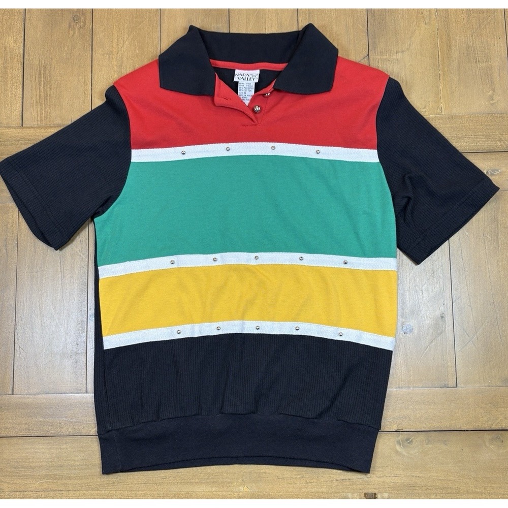 Napa‎ Valley Womens Colorblock Polo Top Studded Retro Y2K Short Sleeve Art Indie